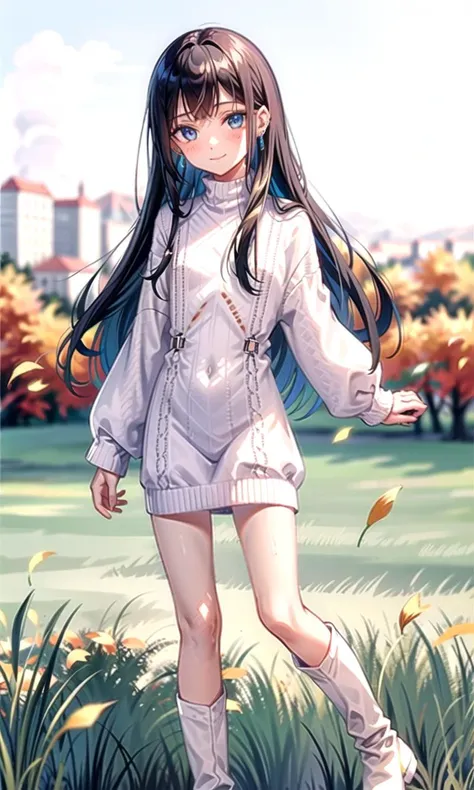 1girl, ((skinny)), 28yo, parted bangs, forehead, long hair, (full body),
(black:1.2) hair, blue eyes, bright eyes, detailed eyes, freckles, (earrings:1.2), glossy lips, big smile, looking at viewer,
standing on grass, autumn, meadow, posing for a photo, view from below,
((Hasselblad photography)), finely detailed skin, sharp focus, (cinematic lighting), soft lighting, (direct lighting), epiCPhoto,
<lora:VirtualGirl-Ren:0.3>, VirtualGirl-Ren, ((flat-chested, male chest)),
<lora:eyebrows_slider_v1:-3>,
<lora:breastsizeslideroffset:-1>,
<lora:StL_Detail:0.4>,
<lora:btknswea:0.7> wearing white tight knitted sweater dress, boots