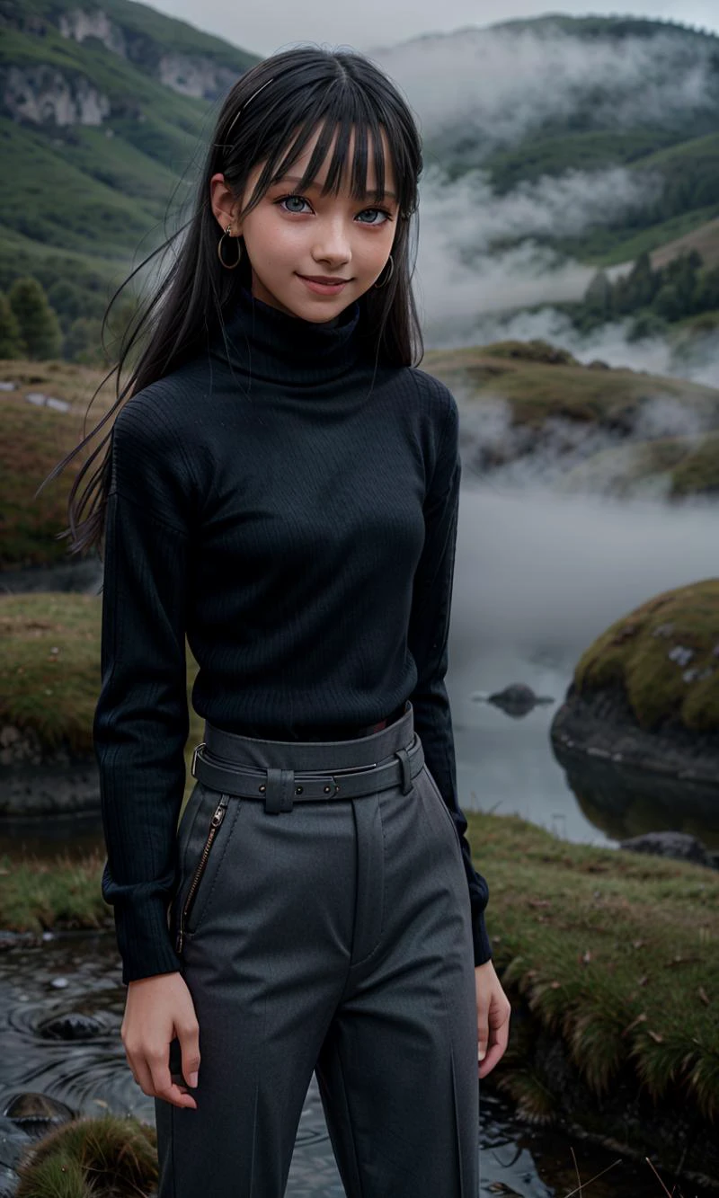 1girl, skinny, long hair, (full body:1.2), yo,
black hair, blue eyes, bright eyes, detailed eyes, glossy lips, (earrings:1.2), big smile, happy,
standing,
((Hasselblad photography)), finely detailed skin, sharp focus, (cinematic lighting), soft lighting, (direct lighting:1.6),
<lora:VirtualGirl-Ren:0.4>, VirtualGirl-Ren, ((flat-chested, male chest)),
<lora:eyebrows_slider_v1:-2>,
<lora:StL_Detail:0.3>,
earing black trousers with buckle and tape, (grey turtleneck:1.4),
oody forest, mountain, water, grass, overview, fog,
<lora:foggy_v1.0:0.2> foggy, mist