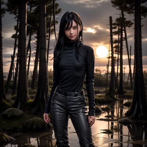 1girl, skinny, long hair, (full body:1.2), yo,
black hair, blue eyes, bright eyes, detailed eyes, glossy lips, earrings, big smile, happy,
outdoors,
standing,
((Hasselblad photography)), finely detailed skin, sharp focus, (cinematic lighting), soft lighting, (direct lighting:1.6),
<lora:VirtualGirl-Ren:0.4>, VirtualGirl-Ren, ((flat-chested, male chest)),
<lora:eyebrows_slider_v1:-2>,
<lora:StL_Detail:0.3>,
<lora:urbansamurai_v0.3:0.5> wearing black trousers with buckle and tape, (grey turtleneck:1.4),
<lora:FantasySwamps-10:0.7> FanSwa, dangerous swamp, dead trees, fog, magical moonlight,