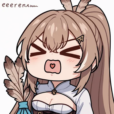 score_9, score_8_up, score_7_up, source_anime, 1girl, AyanamiBarrageMeme, <lora:AyanamiBarrageMeme_XLPD:1.2>, chibi, closed eyes, open mouth, > <, heart in mouth, upper body, <lora:mumeiXL:1>, mumei_base, ponytail, very long hair, feather hair ornament, hairclip, white shirt, brown corset, cleavage cutout,simple background,