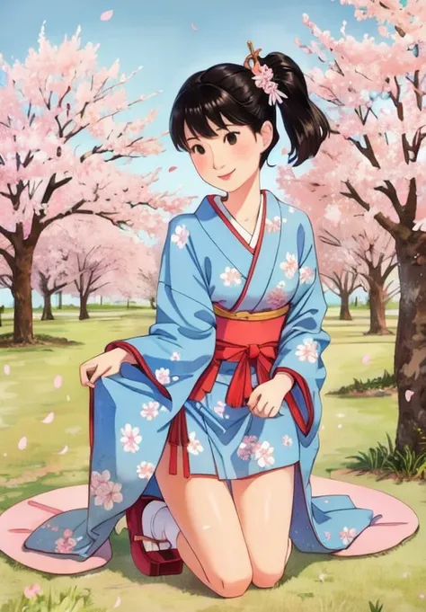 gorgeous lips, cinematic, (masterpiece), (best quality), (ultra-detailed), very aesthetic, illustration, perfect composition, intricate details, absurdres, detailed face, (anime, masterpiece, intricate:1.3), (best quality, hires textures, high detail:1.2), perfect hands, brown eyes, 1girl, very long black hair, high ponytail, side swept bangs, medium breasts, perfect eyes, 8k, highest quality, ultra details,1girl, solo, perfect brown eyes ,(japanese clothes, pastel green kimono, fancy print, kimono, yellow sash, wide sleeves, obi) white socks, sandals, gold leaf hair clip sitting on the ground, on a tatami mat, holding a paper parasol, in a cherry blossom garden, noon time, spring season, falling pink blossom petals, green grass, flowers, vines, cinematic lighting, blush, smile, happy, looking at side , sparkling eyes, photoshoot, medium full shot, dolly shot