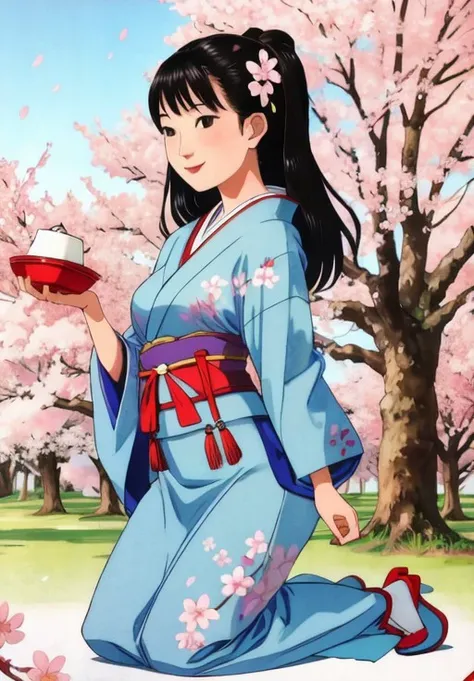 <lora:Shunga:1.0>, 1girl, solo, traditional japanse clothes, kneeling, smile, Cherry blossoms,