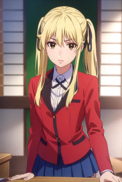 marysaotome, <lora:mary saotome s2-lora-nochekaiser:1>,
mary saotome, long hair, blonde hair, hair between eyes, twintails, (brown eyes:1.3), hair ribbon,
BREAK skirt, shirt, school uniform, jacket, white shirt, pleated skirt, collared shirt, black skirt, blazer, (red jacket:1.5),
BREAK indoors, classroom,
BREAK looking at viewer, (cowboy shot:1.5),
BREAK <lyco:GoodHands-beta2:1>, (masterpiece:1.2), best quality, high resolution, unity 8k wallpaper, (illustration:0.8), (beautiful detailed eyes:1.6), extremely detailed face, perfect lighting, extremely detailed CG, (perfect hands, perfect anatomy),