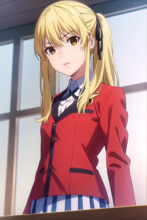 marysaotome, <lora:mary saotome s2-lora-nochekaiser:1>,
mary saotome, long hair, blonde hair, hair between eyes, twintails, (brown eyes:1.3), hair ribbon,
BREAK skirt, shirt, school uniform, jacket, white shirt, pleated skirt, collared shirt, black skirt, blazer, (red jacket:1.5),
BREAK indoors, classroom,
BREAK looking at viewer, (cowboy shot:1.5),
BREAK <lyco:GoodHands-beta2:1>, (masterpiece:1.2), best quality, high resolution, unity 8k wallpaper, (illustration:0.8), (beautiful detailed eyes:1.6), extremely detailed face, perfect lighting, extremely detailed CG, (perfect hands, perfect anatomy),