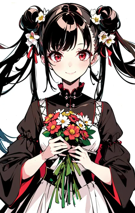 1girl, smile, solo, white_background, simple_background, dress, looking_at_viewer, red_eyes, black_hair, bangs, hair_ornament, hands holding bouquet, closed_mouth, eyebrows_visible_through_hair, jewelry, long_sleeves, hair_ribbon, two side up, double bun,(chinese clothes:0.7), jewelry, floral print, (monochrome:0.7)<lora:style_EndouOkito:1>