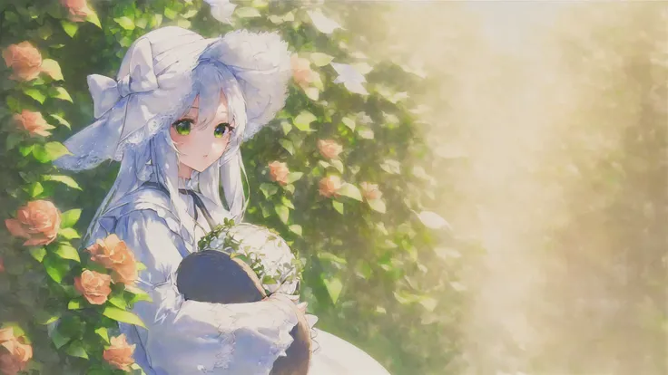 1girl, long hair, ((garden)), detailed eyes, ((sleeves past wrists)), white, (lace dress), white hair, (((in the style of Matchapix))), flower hat, sun hat, painting