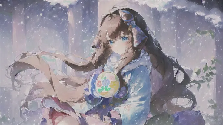 masterpiece, best quality, ((colorful)), ((1girl)), long hair, messy hair, ((masterpiece)), (super delicate), ((looking to the side)), round eyes, small eyes, brown hair, blue eyes, winter coat, bright pupils, harsh lighting, sleeves past wrists, low-tied long hair, snow, snowing, (((in the artstyle of Matchapix))), hood,