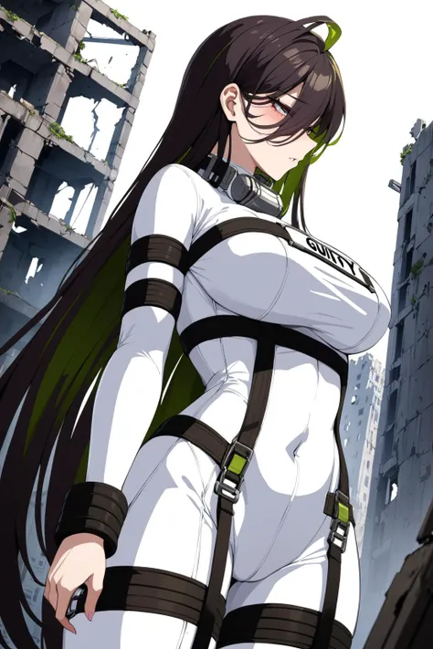 (masterpiece, best quality:1.2), 1girl, <lora:guilty-nikke-richy-v1_xl:1>, guilty, white bodysuit, collar, straitjacket, city ruins, kick