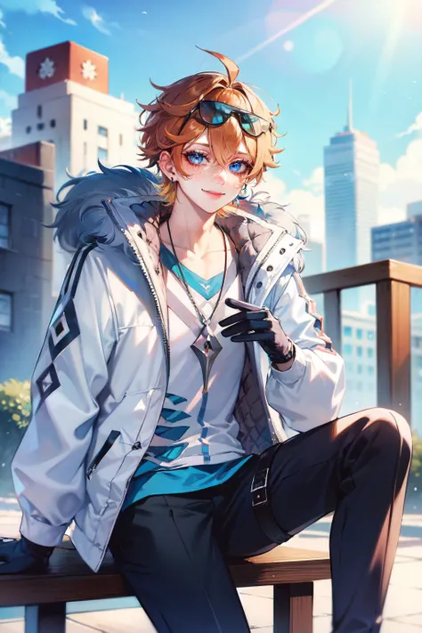 detailed,(masterpiece, best quality:1.1),1boy,male focus,tartaglia \(genshin impact\),alternate costume,orange hair,short hair,blue eyes,smile,freckles,eyelashes,earrings,tags,jewelry,gloves,fur trim,white shirt,open jacket,long sleeves,black pants,thigh strap,eyewear hang,eyewear on head,<lora:targatlia-mi:0.8>,sun,day,in winter,(outdoors:1.2),