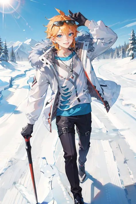 detailed,(masterpiece, best quality:1.1),1boy,male focus,tartaglia \(genshin impact\),alternate costume,orange hair,short hair,blue eyes,smile,freckles,eyelashes,earrings,tags,jewelry,gloves,fur trim,white shirt,open jacket,long sleeves,black pants,thigh strap,eyewear hang,eyewear on head,<lora:targatlia-mi:0.8>,sun,day,in winter,(outdoors:1.2),