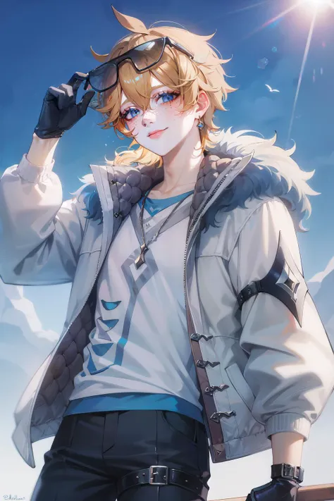 detailed,(masterpiece, best quality:1.1),1boy,male focus,tartaglia \(genshin impact\),alternate costume,orange hair,short hair,blue eyes,smile,freckles,eyelashes,earrings,tags,jewelry,gloves,fur trim,white shirt,open jacket,long sleeves,black pants,thigh strap,eyewear hang,eyewear on head,<lora:targatlia-mi:0.8>,sun,day,in winter,(outdoors:1.2),