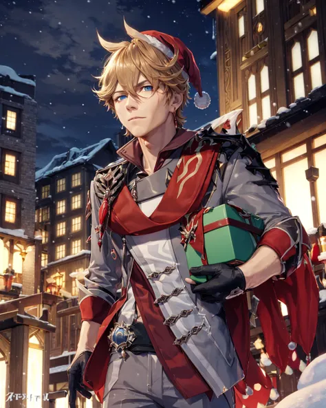 (extremely detailed, 8k wallpaper, masterpiece, best quality, ultra-detailed), (best illumination, best shadow), prefect face, dynamic pose,
((1boy)), solo, face, upperbody, male focus, tartaglia \(genshin impact\),
(santa hat:1.4), (carrying bags over shoulder:1.4), (holding large present box:1.2), looking away, (detailed eyes:1.4), 
gorgeous, gloves, orange hair, (weapon:0),  mask, blue eyes, black gloves, pants, (mask on head:0), holding, jacket, scarf, red scarf, bangs, (holding weapon:0), single earring,
detailed background, liyue-kozue, scenery, night, outdoor, building, sea, bridge, mountain, (snow:1),
<lora:tartagliaGenshinImpact_v10:1> <lora:liyueGenshinImpact_v10:0.3>