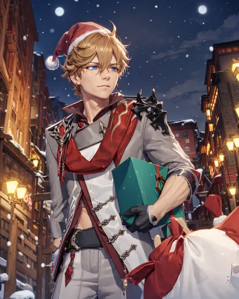 (extremely detailed, 8k wallpaper, masterpiece, best quality, ultra-detailed), (best illumination, best shadow), prefect face, dynamic pose,
((1boy)), solo, face, upperbody, male focus, tartaglia \(genshin impact\),
(santa hat:1.4), (carrying bags over shoulder:1.4), (holding large present box:1.2), looking away, (detailed eyes:1.4),
gorgeous, gloves, orange hair, (weapon:0), mask, blue eyes, black gloves, pants, (mask on head:0), holding, jacket, scarf, red scarf, bangs, (holding weapon:0), single earring,
detailed background, liyue-kozue, scenery, night, outdoor, building, sea, bridge, mountain, (snow:1),
<lora:tartagliaGenshinImpact_v10:1> <lora:liyueGenshinImpact_v10:0.3>