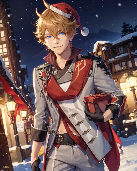 (extremely detailed, 8k wallpaper, masterpiece, best quality, ultra-detailed), (best illumination, best shadow), prefect face, dynamic pose, dynamic angle,
((1boy)), solo, face, upperbody, male focus, tartaglia \(genshin impact\),
(santa hat:1.4), (carrying bags over shoulder:1.4), (holding large present boxes:1.2), smile, looking away, (detailed eyes:1.4),
gorgeous, gloves, orange hair, (weapon:0), mask, blue eyes, black gloves, pants, (mask on head:0), holding, jacket, scarf, red scarf, bangs, (holding weapon:0), single earring,
detailed background, liyue-kozue, scenery, night, outdoor, building, sea, bridge, mountain, (snow:1),
<lora:tartagliaGenshinImpact_v10:1> <lora:liyueGenshinImpact_v10:0.3>