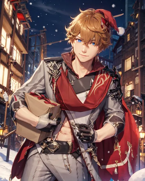 (extremely detailed, 8k wallpaper, masterpiece, best quality, ultra-detailed), (best illumination, best shadow), prefect face, dynamic pose, dynamic angle,
((1boy)), solo, face, upperbody, male focus, tartaglia \(genshin impact\),
(santa hat:1.4), (carrying bags over shoulder:1.4), (holding large present boxes:1.2), smile, looking away, (detailed eyes:1.4),
gorgeous, gloves, orange hair, (weapon:0), mask, blue eyes, black gloves, pants, (mask on head:0), holding, jacket, scarf, red scarf, bangs, (holding weapon:0), single earring,
detailed background, liyue-kozue, scenery, night, outdoor, building, sea, bridge, mountain, (snow:1),
<lora:tartagliaGenshinImpact_v10:1> <lora:liyueGenshinImpact_v10:0.3>