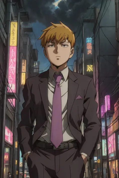masterpiece, best quality, aratakareigen, <lora:aratakareigen:0.8> , suit and tie, in a cyberpunk street, portrait