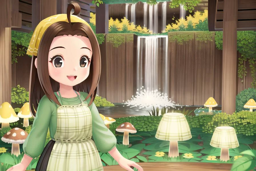 sharp focus, soft lighting, illustration, depth of field, day, cascading waterfall hidden within a dense, enchanted forest, surrounded by vibrant oversized mushrooms, mushrooms, 1girl, celia, smile, looking at viewer, :D, brown hair, brown eyes, plaid apron, yellow bandana, <lora:celia-000003:0.75>
