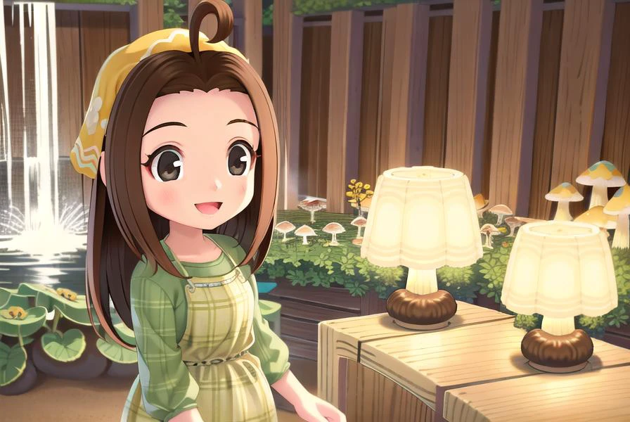 sharp focus, soft lighting, illustration, depth of field, day, cascading waterfall hidden within a dense, enchanted forest, surrounded by vibrant oversized mushrooms, mushrooms, 1girl, celia, smile, looking at viewer, :D, brown hair, brown eyes, plaid apron, yellow bandana, <lora:celia-000003:0.75>