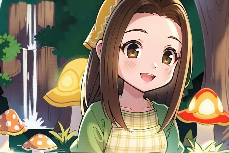 sharp focus, soft lighting, illustration, depth of field, day, cascading waterfall hidden within a dense, enchanted forest, surrounded by vibrant oversized mushrooms, mushrooms, 1girl, celia, smile, looking at viewer, :D, brown hair, brown eyes, plaid apron, yellow bandana, <lora:celia-000003:0.75>