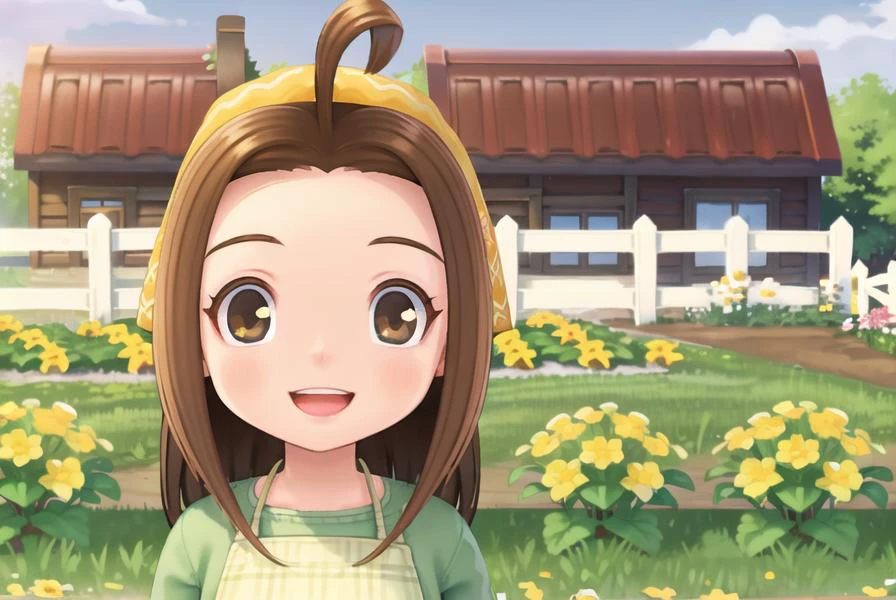 sharp focus, soft lighting, illustration, depth of field, day, garden, flowers, farm, outside, 1girl, solo, celia, smile, looking at viewer, :D, brown hair, brown eyes, plaid apron, yellow bandana, <lora:celia-000003:0.75>