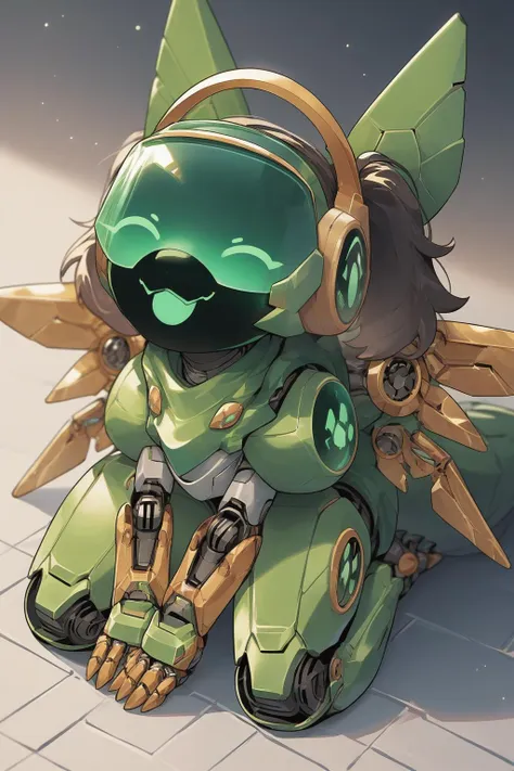 source_anime, score_9, score_8_up,  <lora:wrenchsmechsxl:1> wrenchsmechs, green mecha, mechanical arms, mechanical legs, mechanical eyes, mechanical halo, mechanical wings,, twintails, protogen visor, visor, chibi, happy face, seiza, kneeling, looking up