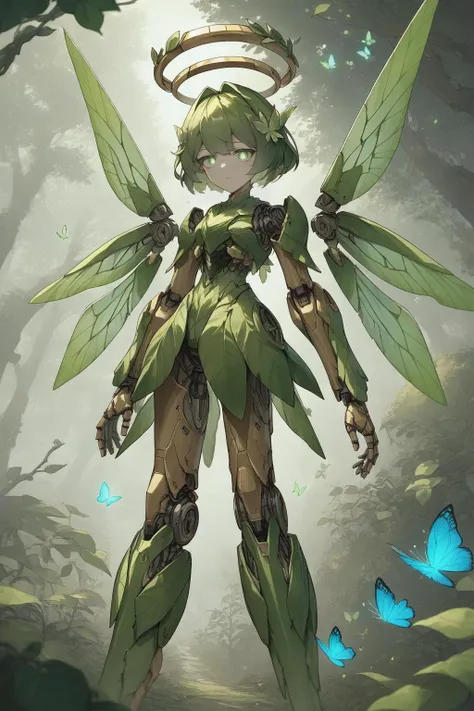 source_anime, score_9, score_8_up,  <lora:wrenchsmechsxl:1> 1girl, fairy, wrenchsmechs, wooden mecha, mechanical arms, mechanical legs, mechanical eyes, mechanical halo, mechanical wings, butterfly wings, trees, leafs, overgrown, vines, green eyes, glowing eyes