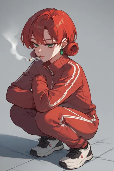 source_anime, score_9, score_8_up, 1girl <lora:NSPennyStardew:1> NSPennyStardew, green eyes, short hair, red hair, earrings, squatting, tracksuit, cigarette in mouth