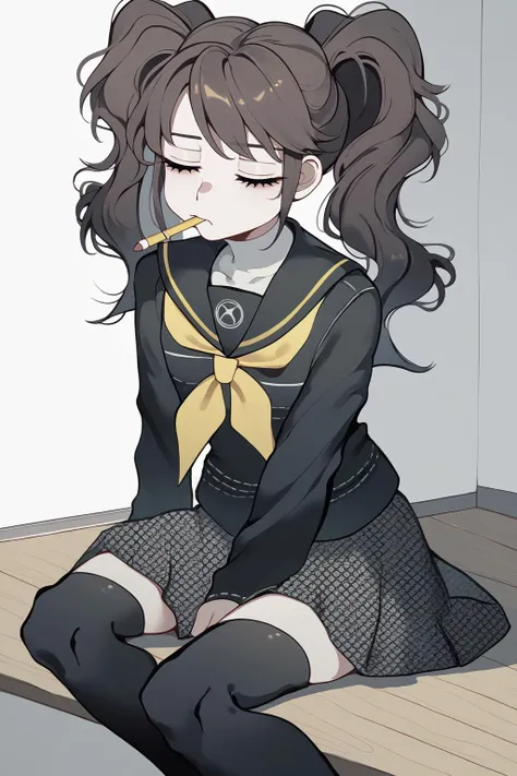 score_9, score_8_up, 1girl, solo, <lora:persona4_kujikawa_ponyXL:1> kujikawadef, twintails, yasogami school uniform, black serafuku, yellow neckerchief, long black sleeves, black skirt, houndstooth, black thighhighs, bored, sitting, eyes half closed, room background, pencil in mouth