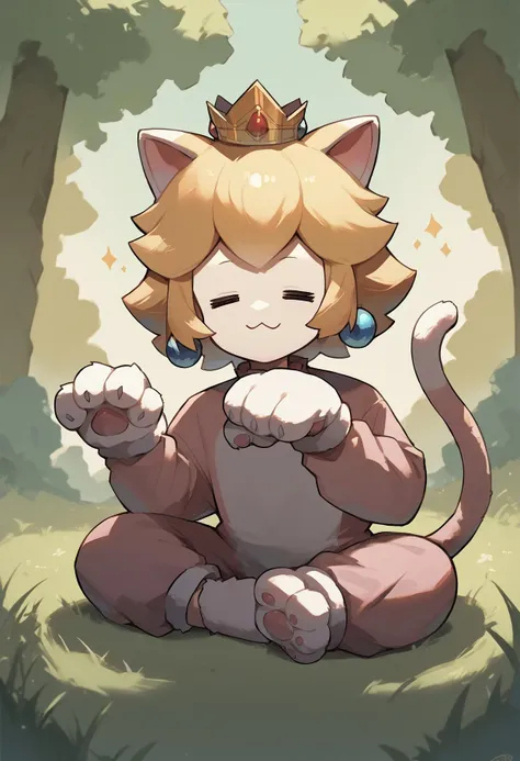 score_9, score_8_up,score_7_up,score_6_up, source_anime,
BREAK
outdoors,grass,forest,
BREAK
IncrsPchCat, cat costume, cat tail, animal hands, long sleeves, crown, jewelry, earrings, sitting, paw pose,=w=, :3, = =, eyes closed
<lora:PrincessPeach_XLPD:1> <lora:ChamElfExpressionPonyXL:1>