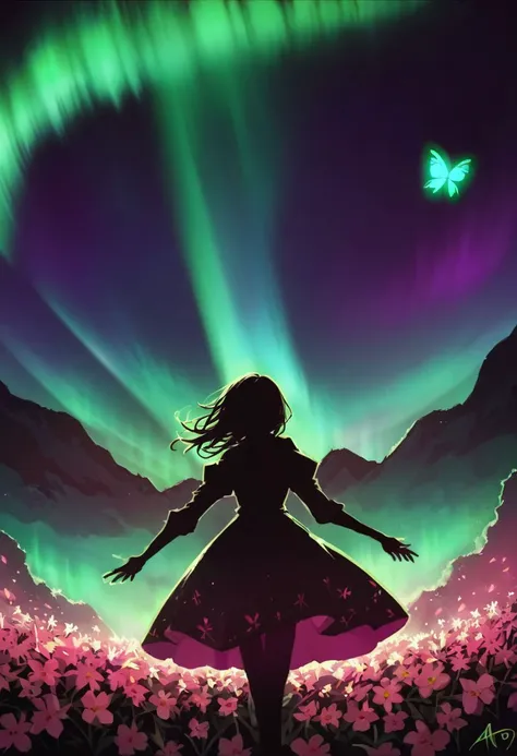 score_9, score_8_up, score_7_up, masterpiece, high quality, abstract, 1girl, cowboy shot, black silhouette of a girl, (long flowy hair), flowy skirt, green forest background, ((dynamic pose)), ((flowers)), ((glowing butterflies)), night time, dark theme, starry sky, glowing hair, cinematic, vivid colors, pink, purple,  ((saturated neon colors)), perfect hands, anzhcdreamwave, aesthetic, Perfect Hands, ((aurora borealis))