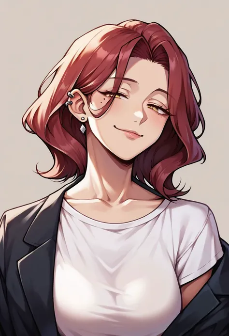 score_9, score_8_up, score_7_up, score_6_up, score_5_up, score_4_up, 1girl, solo, medium hair, red hair, white shirt, loose clothing, ear piercings, collarbone, mature female, mole under left eye, black blazer, half closed eyes, looking at viewer, smug, from front, simple background, <lora:Vanillaware_XL:.7>,