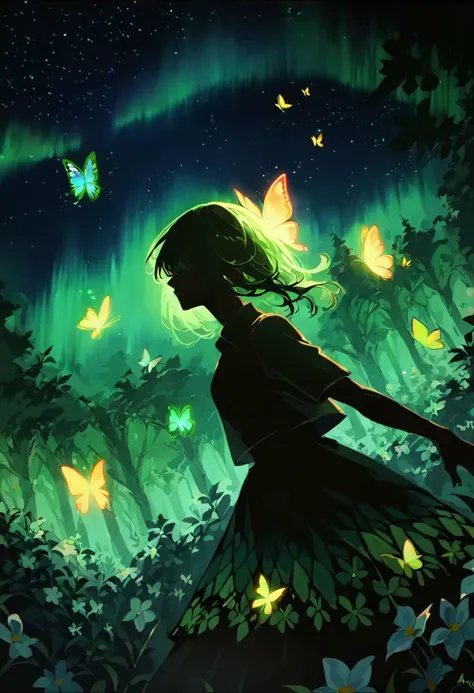 score_9, score_8_up, score_7_up, masterpiece, high quality, abstract, 1girl, centered, side view, black silhouette of a girl, (long flowy hair), flowy skirt, green forest background, ((dynamic pose)), ((flowers)), ((glowing butterflies)), night time, dark theme, starry sky, glowing hair, cinematic, vivid colors, pink, purple,  ((saturated neon colors)), perfect hands, anzhcdreamwave, aesthetic, Perfect Hands, ((aurora borealis))