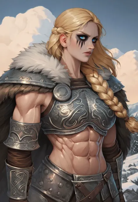 score_9, score_8_up, score_7_up, 2D, 1girl, muscular Nordic woman, gorgeous face, beautiful features, serious face, bright blue eyes, long blonde hair, braided, war paint, black face paint, thick black eyelashes, mid riff, abs, battle scars, Viking armor, fur cape, holding huge Viking axe, runes, cowboy shot, side view, looking at the viewer, (((blizzard))), (strong wind), snowy background, snowy mountains