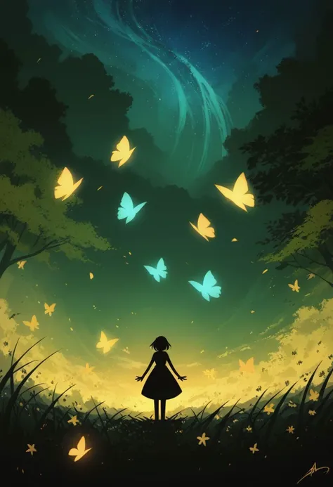 score_9, score_8_up, score_7_up, masterpiece, high quality, abstract, 1girl, centered, black silhouette of a girl, long flowy hair, flowy skirt, green forest background, ((dynamic pose)), flowers, glowing butterflies, night time, dark theme, starry sky, glowing hair, cinematic, vivid colors, neon colors, perfect hands, anzhcdreamwave, aesthetic, Perfect Hands