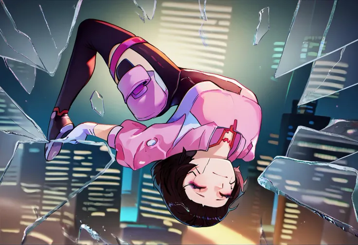 score_9, score_8_up, score_7_up, IncrsXLBrknGls, broken glass, upper body, solo, 1girl, sasha yakovlev, makeup, smile, upside-down, backflip, jumping out of a window, glass shards, bob cut, closed eyes, shrug \(clothing\), pink jacket, black bodysuit, hip vent, white gloves, thigh holster, thigh strap, night, cyberpunk, science fiction, cityscape <lora:cpedgerunners_sasha_ponyXL:0.9> <lora:Backflip_XLPD:1> <lora:BreakingGlassXLPDCAME:0.8>