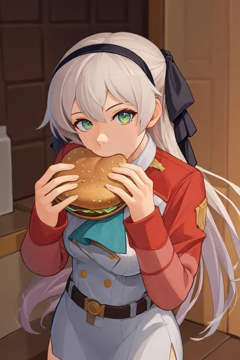 score_9, score_8_up, score_7_up, score_6_up, source_anime BREAK 1girl, <lora:jermawhopper-pdxl-nvwls-v1-000005:1> jermaWhopper, eating, burger, looking at you, upper body  <lora:elie-pdxl-nvwls-v1:1> zeroElie, black hairband, hair ribbon, long hair, ascot, uniform, long red sleeves, white dress, pencil skirt, belt