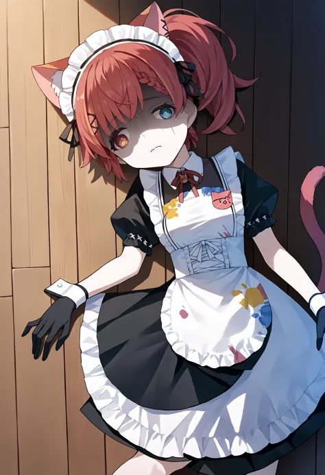 score_9, score_8_up, score_7_up, score_6_up,@ @, shaded face nekota3rd, long hair, braid, side ponytail, maid headdress, animal ears, frills, black dress, neck ribbon, white apron, maid apron, frilled apron, puffy short sleeves, wrist cuffs, black gloves, cat tail<lora:vspo_nekotatsuna_ponyXL:.9> source_anime, <lora:TraumatizedGotoh_pdxl_Incrs_v1:1.3>, laying on floor, wooden floor,