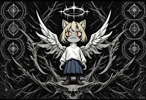 score_9, score_8_up, score_7_up, score_6_up, score_5_up, score_4_up, rating_safe,necoarc,blonde hair, red eyes, slit pupils, cat ears, :3, chibi,turtleneck, white shirt, blue skirt, pleated skirt, pantyhose, brown footwear,greyscale, monochrome, limited palette, horror (theme),angel wings,halo,abyss,hell