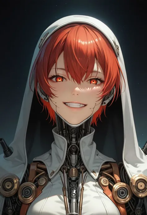 Kentaro miuras Style, Fine lines, scratched, score_9, score_8_up, score_8, score_9, Anime, source_anime, Expressiveh, solo, Capture the enigmatic essence of a warrior nun veiled in mystery. With her (reelmech, mechanical parts, cable, wires, machinery, joints) face shrouded by an additional hood, only a mischievous grin peeks through the darkness, reflecting the dim moonlight. Let the hidden depths of her character shine through in this captivating image., Large linen cape ,surrounded by a detailed monochrome spacescape with translucent vibrant Blood red Highlights, hyper-detailed, sharp, high resolution, high quality, 32K, Ultra realistic, HD, super detailed, line art, abstract style