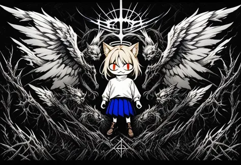 score_9, score_8_up, score_7_up, score_6_up, score_5_up, score_4_up, rating_safe,necoarc,blonde hair, red eyes, slit pupils, cat ears, :3, chibi,turtleneck, white shirt, blue skirt, pleated skirt, pantyhose, brown footwear,greyscale, monochrome, limited palette, horror (theme),angel wings,halo,abyss,hell