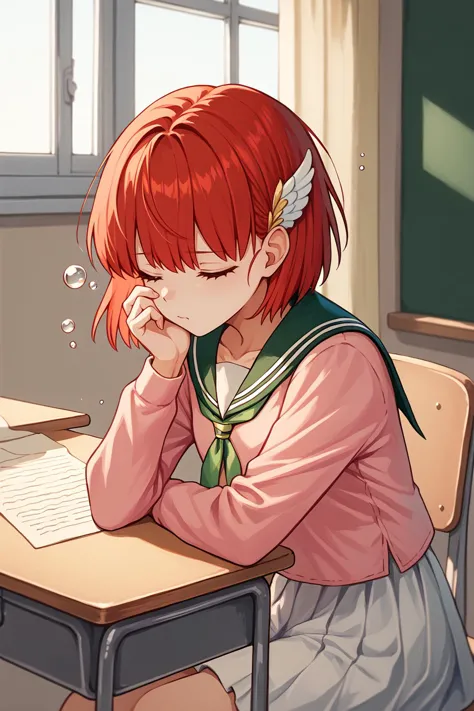 score_9, score_8_up, score_7_up, BREAK <lora:NSPriscillaFE7:1> NSPriscillaFE7, red hair, short hair, wing hair ornament, hand on chin, sitting, desk, sleepy, bubbles, sailor collar, pink shirt, collared shirt, white skirt, school, classroom, indoors