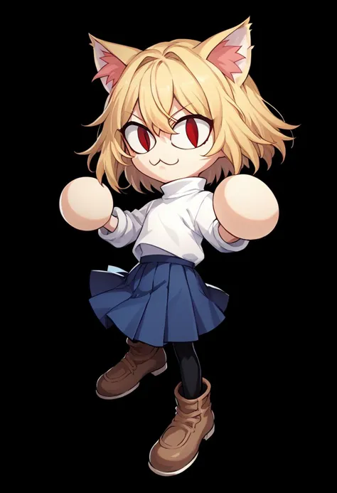 score_9, score_8_up, score_7_up, score_6_up, score_5_up, score_4_up, rating_safe,source_anime,ncrender,simple background,black background,necoarc,blonde hair, red eyes, slit pupils, cat ears, :3, chibi,turtleneck, white shirt, blue skirt, pleated skirt, pantyhose, brown footwear,dynamic pose