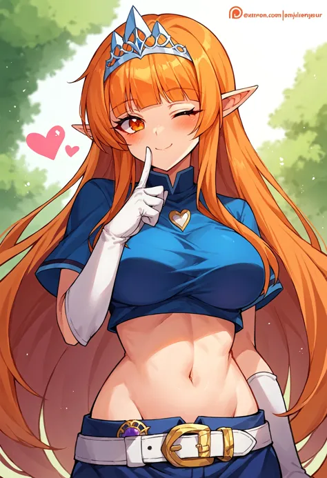 score_9, score_8_up, score_7_up, BREAK
1girl, close-up, Possessed, Electrifying, long sleeves, blurry background, 2000s \(style\), white gloves, blue shirt, twitter username, shushing, one eye closed, watermark, finger to mouth, pointy ears, very long hair, blurry, web address, looking at viewer, eyelashes, heart, patreon username, blush, white belt, gloves, index finger raised, smile, blunt bangs, tiara, signature, elbow gloves, breasts, sidelocks, covered navel, orange eyes, long hair, belt, closed mouth, shirt, solo, crop top, large breasts, cropped shirt