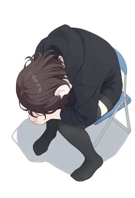 score_9, score_8_up, score_7_up, BREAK, solo, best quality, dynamic angle, highest detailed nanase kurumi \(menhera-chan\), brown hair, black hoodie, <lora:NanaseKurumi_Menhera-chan_XLPD:1>, black thighhighs, <lora:concept_shinjichair_ponyXL:1> shinjichair, sitting, head down