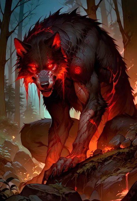score_9, score_8_up, score_7_up, source_anime, solo, looking at the viewer, ( Giant wolf, wounds, glowing red eyes, black fur, tail), scary, simple background, (detailed image, high resolution, 5k resolution:1.0), (forest, rocks, plants, night, dark)