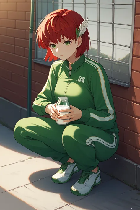 score_9, score_8_up, score_7_up, BREAK <lora:NSPriscillaFE7:1> 1girl, solo, NSPriscillaFE7, red hair, green eyes, short hair, wing hair ornament, track suit, squatting, alleyway, milk, holding milk