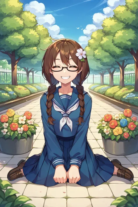 score_9, score_8_up, score_7_up, score_6_up, source_anime BREAK 1girl, girl and dog, <lora:yoshidasaki-pdxl-nvwls-v1-000006:1> defSaki, blue eyes, twin braids, hair over shoulders, glasses, navy blue shirt, serafuku, white neckkerchief, long sleeves, pleated skirt, sitting, loafers, garden, on ground, flowers, hair flower, closed eyes, grin, blue sky, tree