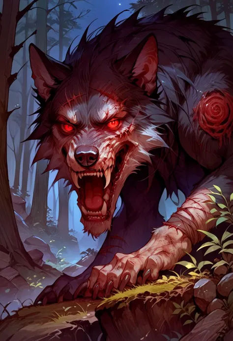 score_9, score_8_up, score_7_up, source_anime, solo, looking at the viewer, ( Giant wolf, wounds, red eyes, teeth, black fur, tail), scary, simple background, (detailed image, high resolution, 5k resolution:1.0), (forest, rocks, plants, night, dark)