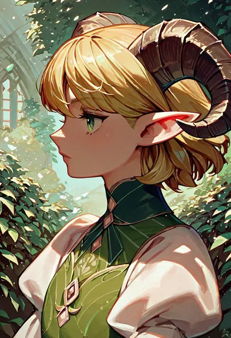 best quality, masterpiece, score_9, score_8_up, score_7_up, score_6_up, source_anime,masterpiece, best quality, 1girl, Thin, ((elf)), ram horns, short shaggy blonde hair, green eyes, flat chest, comfortable slutty victorian dress, ((profile)),