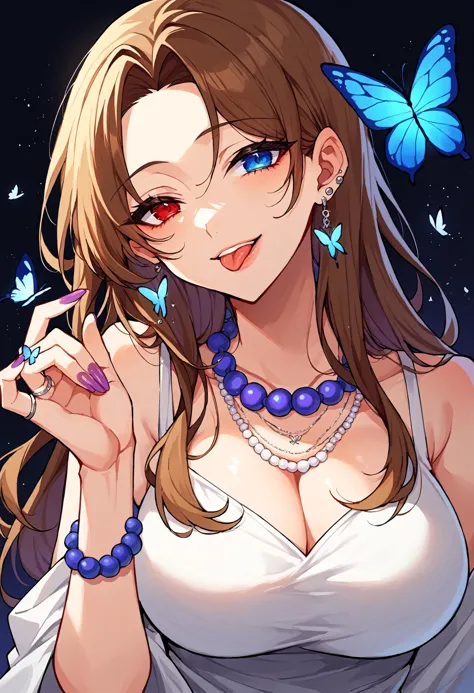 score_9, score_8_up, score_7_up, BREAK
1girl, face, swallowtail butterfly, bug, smile, red eyes, large breasts, ear piercing, necklace, butterfly, teeth, blue eyes, hand up, beads, tongue out, brown hair, purple nails, bead necklace, bead bracelet, breasts, butterfly on hand, long hair, parted bangs, jewelry, dress, earrings, multiple views, tongue, white dress, bracelet, looking at viewer, lips, heterochromia, dark background, ring, piercing, parted lips